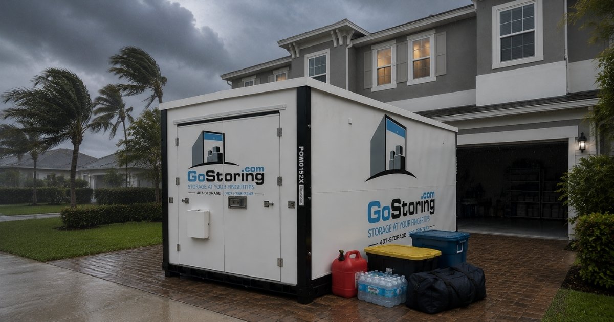 White GoStorage trailer in a driveway before a two-story home, with palm trees and dark storm clouds above.