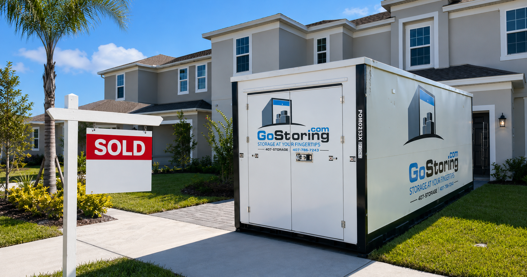 GoStoring pod on driveway with for sale sign